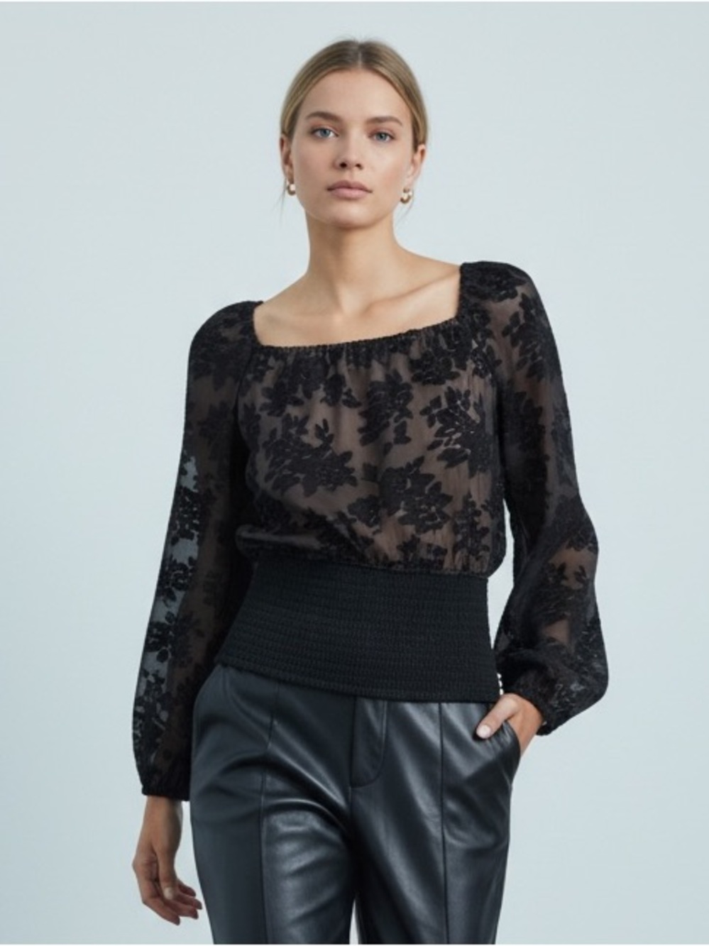 Anthropologie Current Air Floral Burnout Smocked Waist Puff Sleeve Top Xl NWT